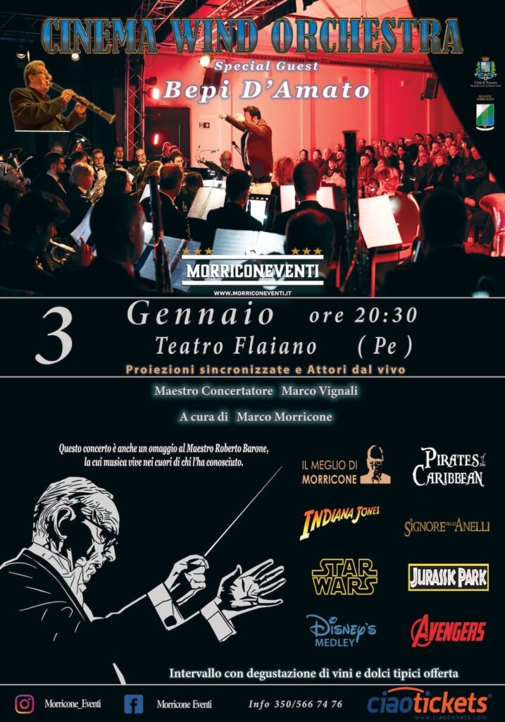 Cinema-Wind-Orchestra-al-Teatro-Flaiano 3 Gennaio 2026 ospite speciale bepi d'amato